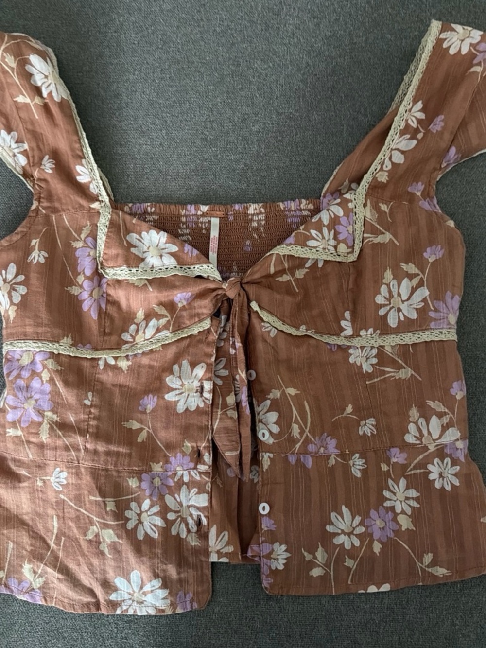 Free People Rust Floral Tie-Front Top with Lavender and Cream Accents